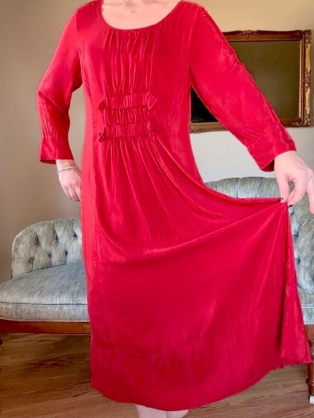 Grizas Red Silk Maxi Dress Ruched Boho Flowy Wedding Guest Medium Lagenlook